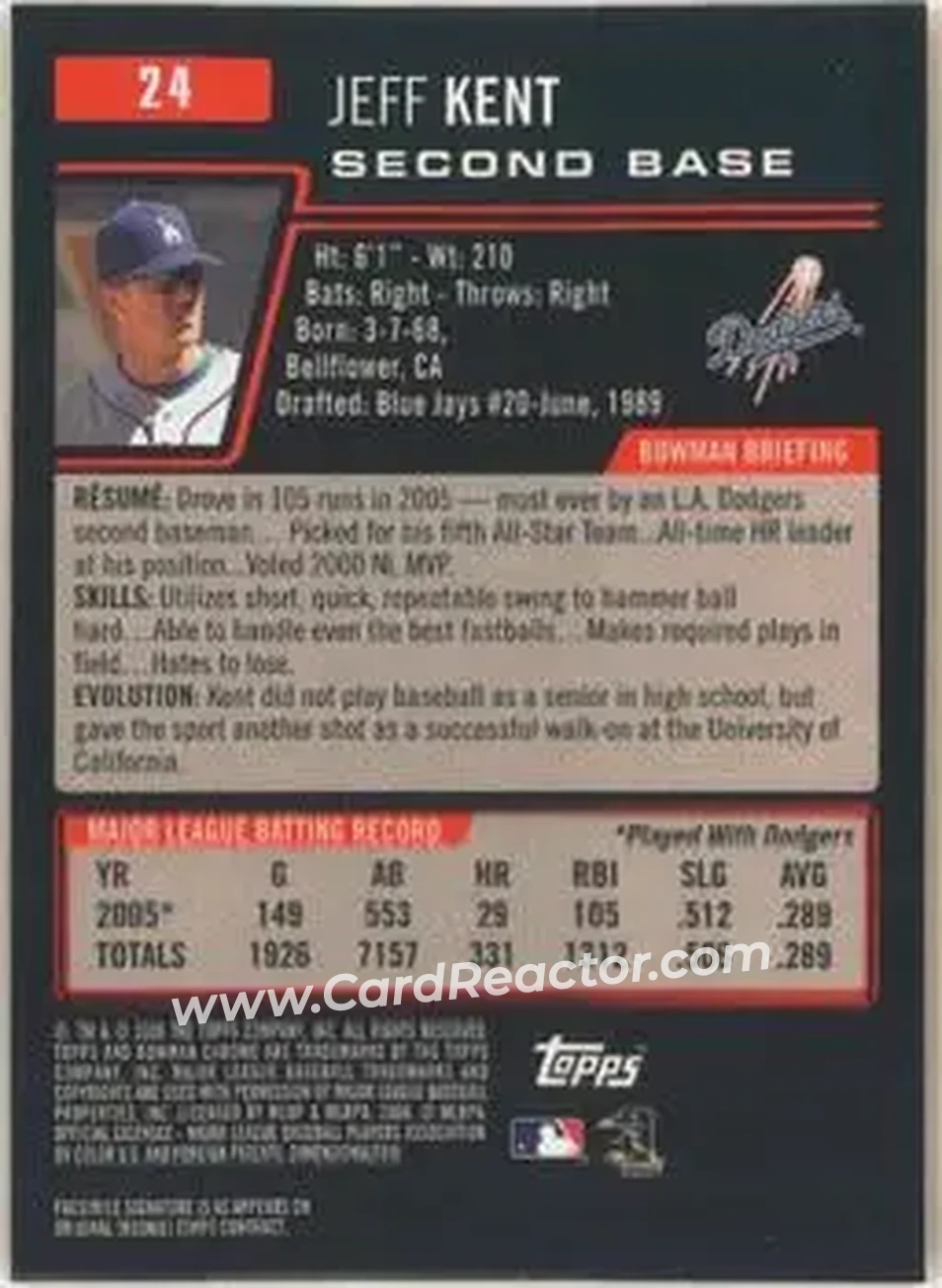 2006 Bowman Chrome #24 - Jeff Kent - Los Angeles Dodgers - Back