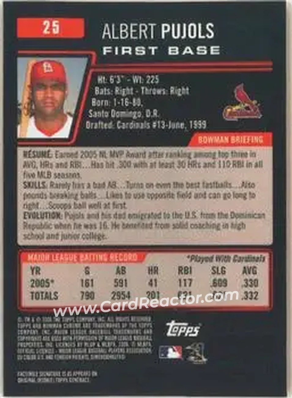 2006 Bowman Chrome #25 - Albert Pujols - St. Louis Cardinals - Back