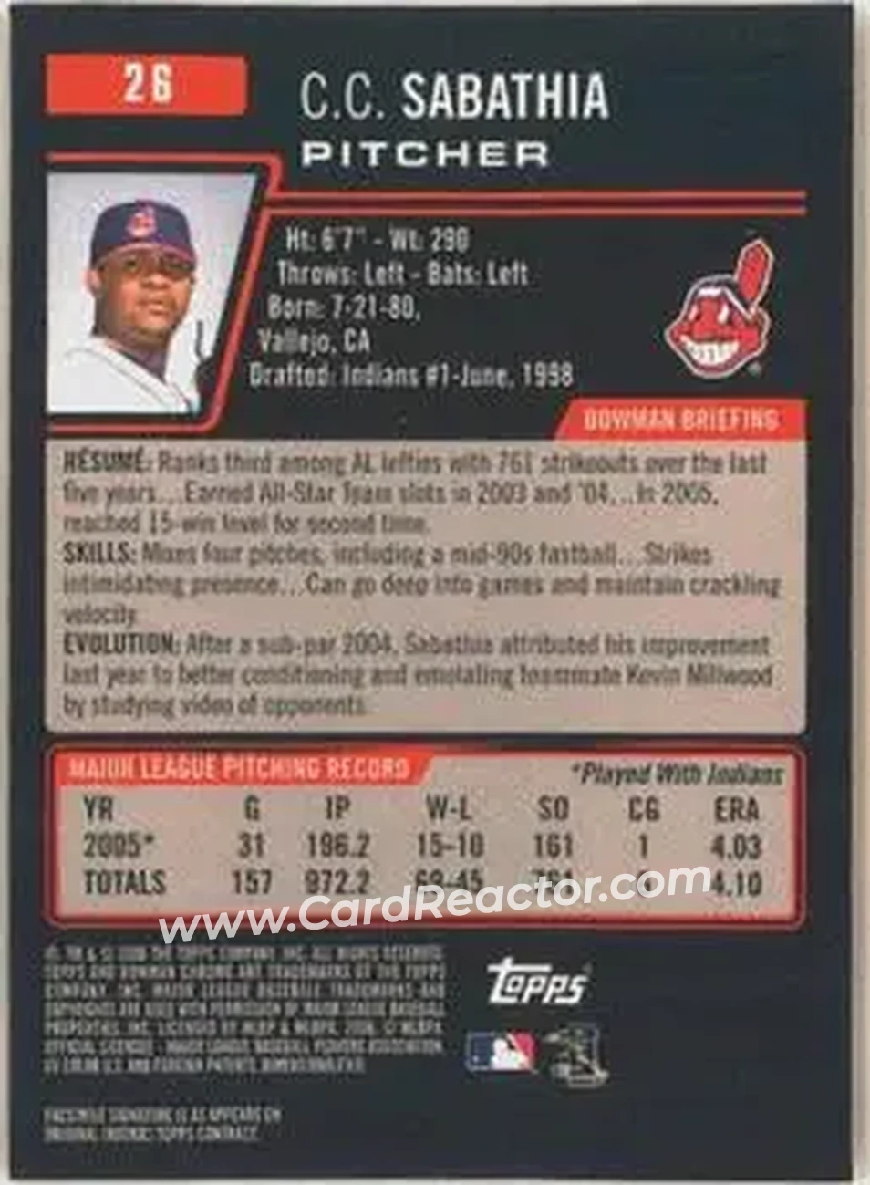 2006 Bowman Chrome #26 - CC Sabathia - Cleveland Indians - Back