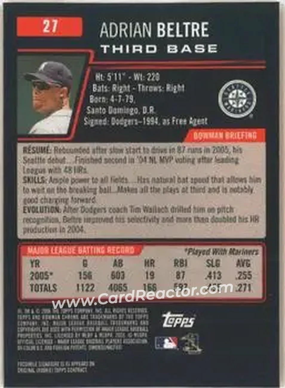 2006 Bowman Chrome #27 - Adrian Beltré - Seattle Mariners - Back
