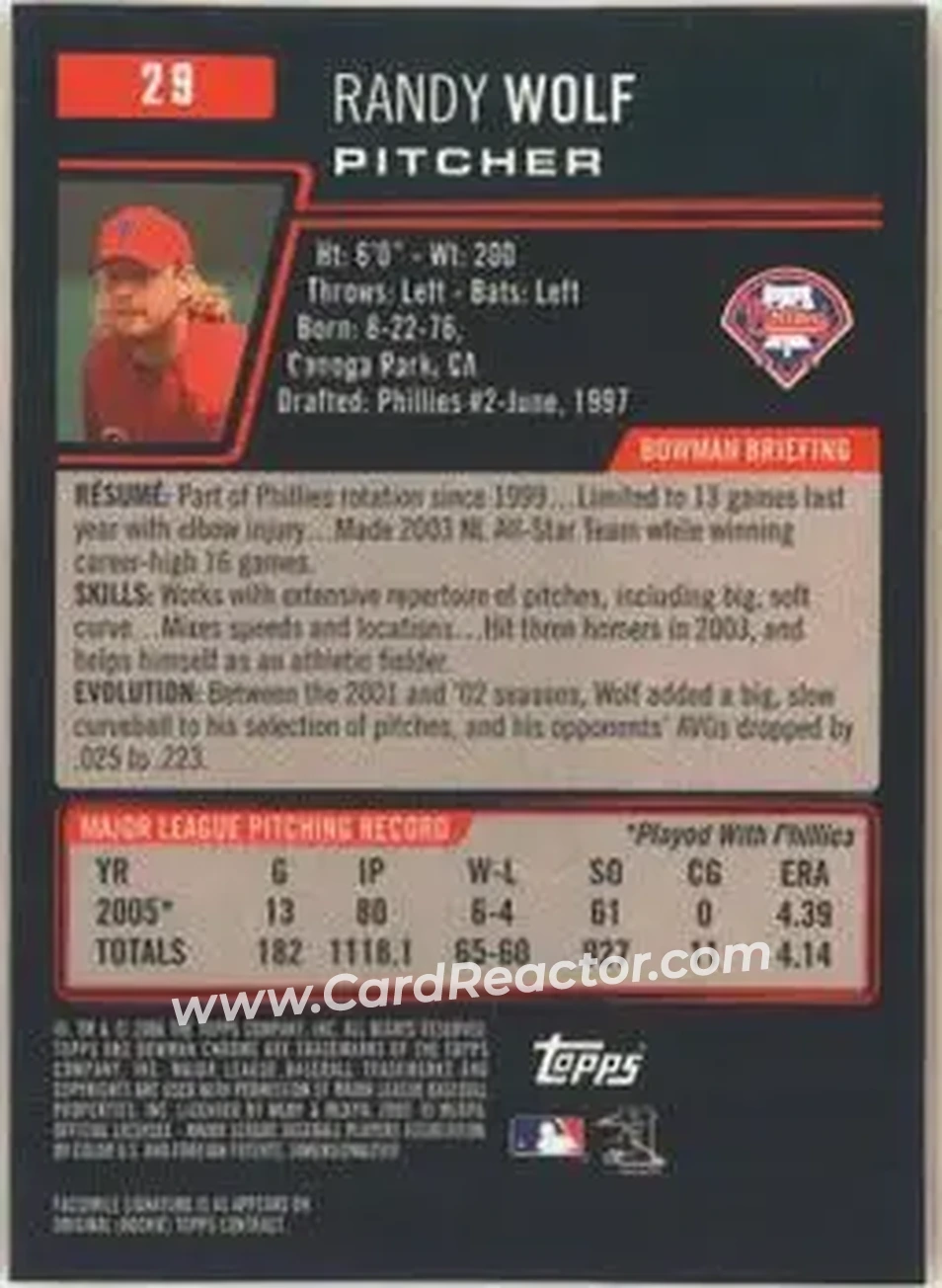 2006 Bowman Chrome #29 - Randy Wolf - Philadelphia Phillies - Back