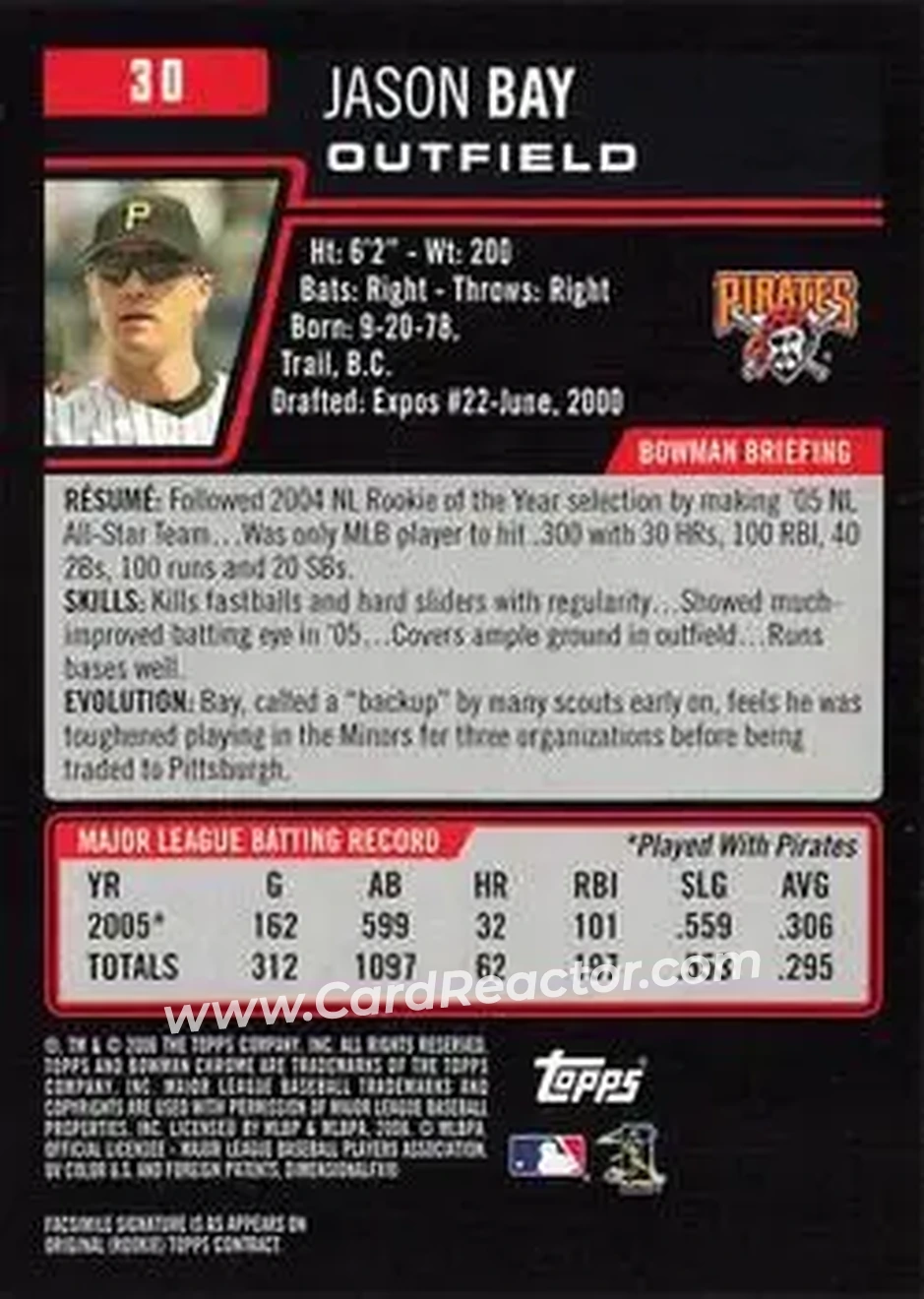 2006 Bowman Chrome #30 - Jason Bay - Pittsburgh Pirates - Back