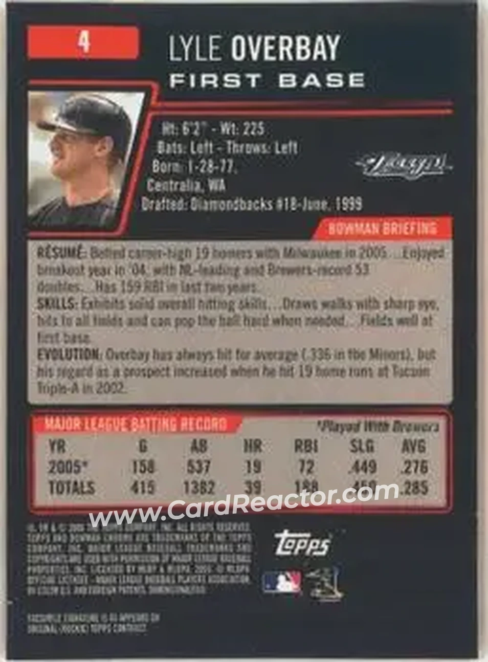 2006 Bowman Chrome #4 - Lyle Overbay - Toronto Blue Jays - Back