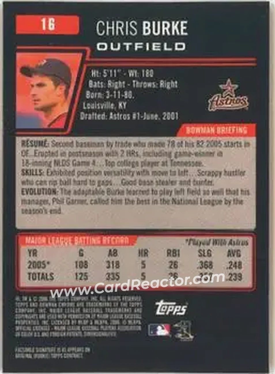 2006 Bowman Chrome #16 - Chris Burke - Houston Astros - Back