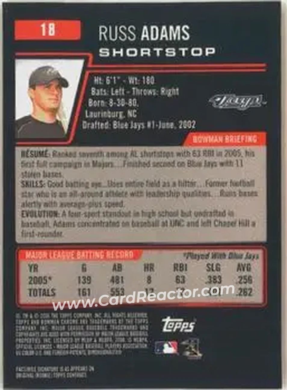 2006 Bowman Chrome #18 - Russ Adams - Toronto Blue Jays - Back