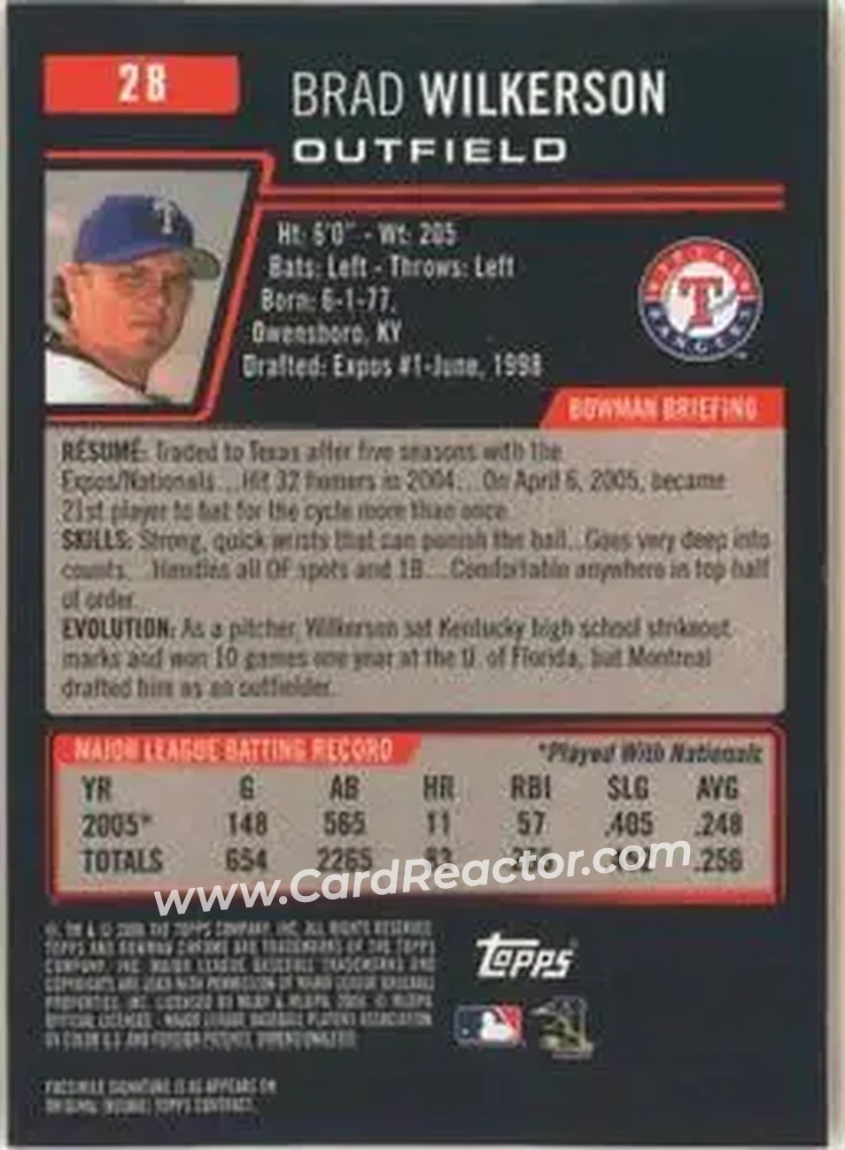 2006 Bowman Chrome #28 - Brad Wilkerson - Texas Rangers - Back