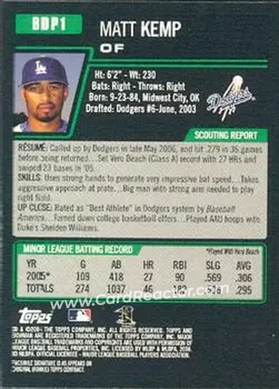 2006 Bowman Draft Picks & Prospects #BDP1 - Matt Kemp - Los Angeles Dodgers - Back