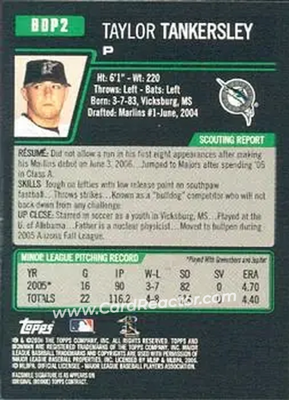 2006 Bowman Draft Picks & Prospects #BDP2 - Taylor Tankersley - Florida Marlins - Back 2006 Bowman Draft Picks & Prospects #BDP2 - Taylor Tankersley - Florida Marlins - Back