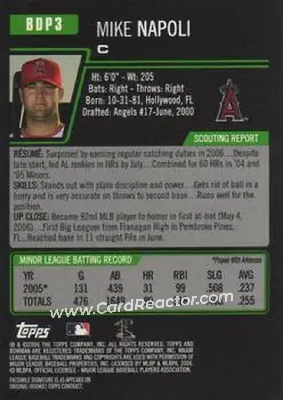 2006 Bowman Draft Picks & Prospects #BDP3 - Mike Napoli - Los Angeles Angels - Back