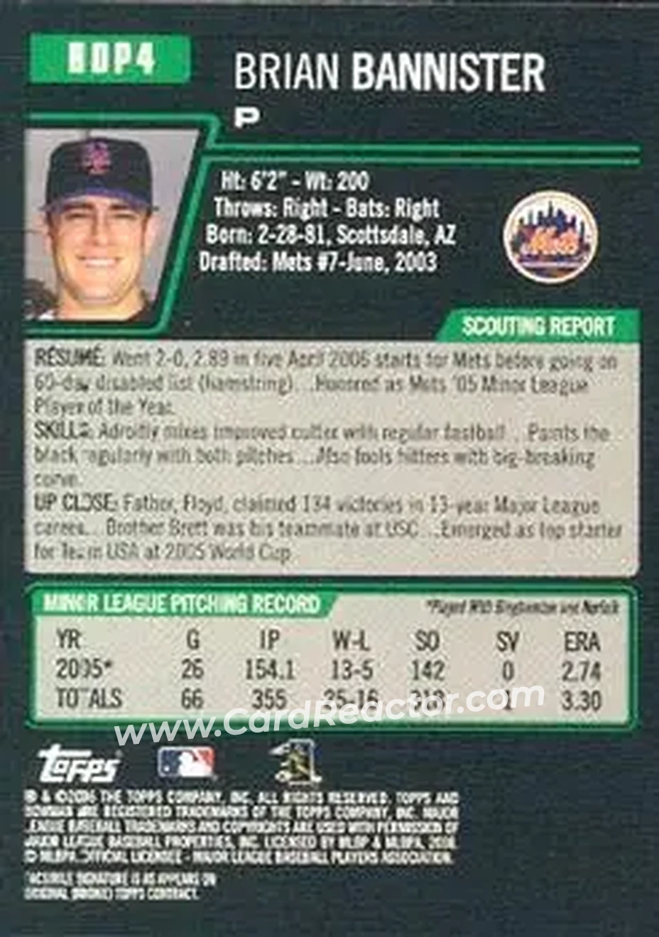 2006 Bowman Draft Picks & Prospects #BDP4 - Brian Bannister - New York Mets - Back