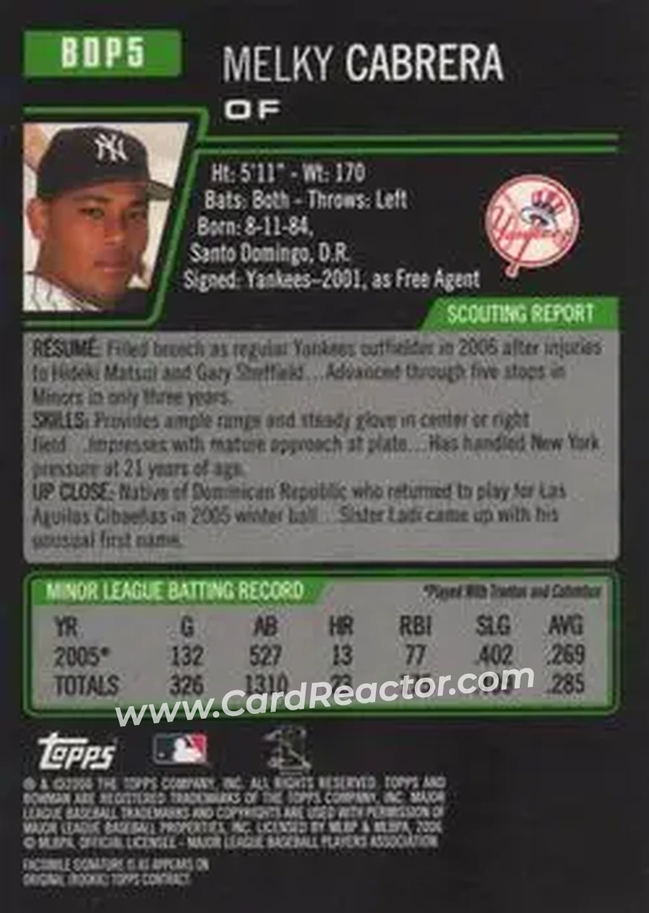 2006 Bowman Draft Picks & Prospects #BDP5 - Melky Cabrera - New York Yankees - Back