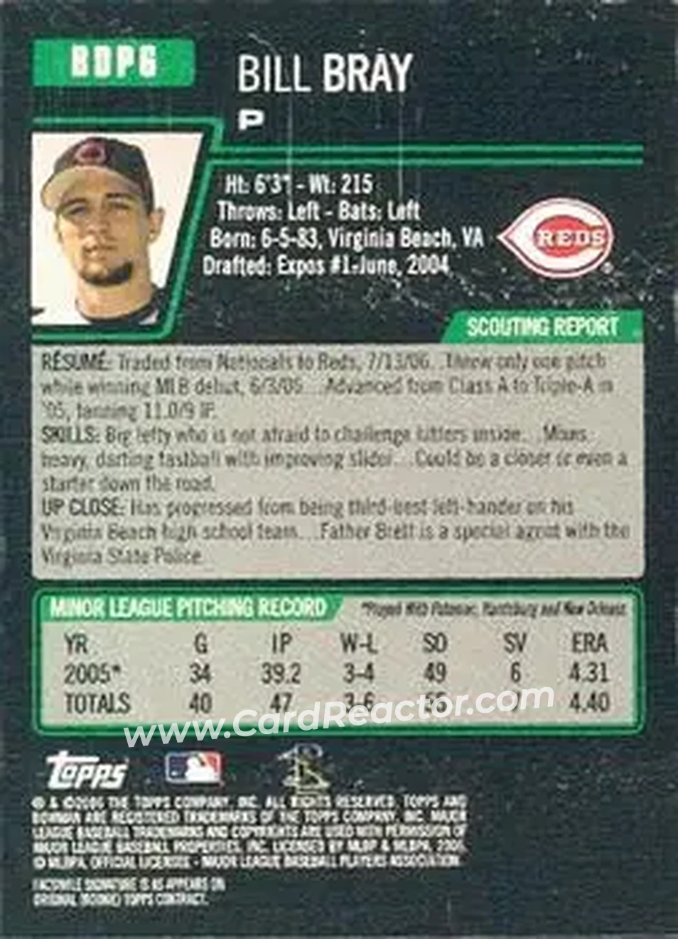 2006 Bowman Draft Picks & Prospects #BDP6 - Bill Bray - Cincinnati Reds - Back