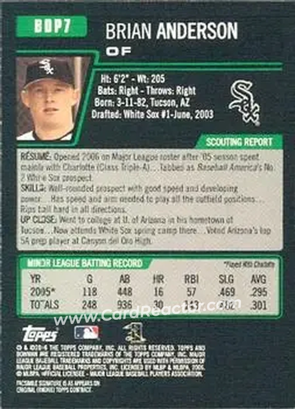 2006 Bowman Draft Picks & Prospects #BDP7 - Brian Anderson - Chicago White Sox - Back