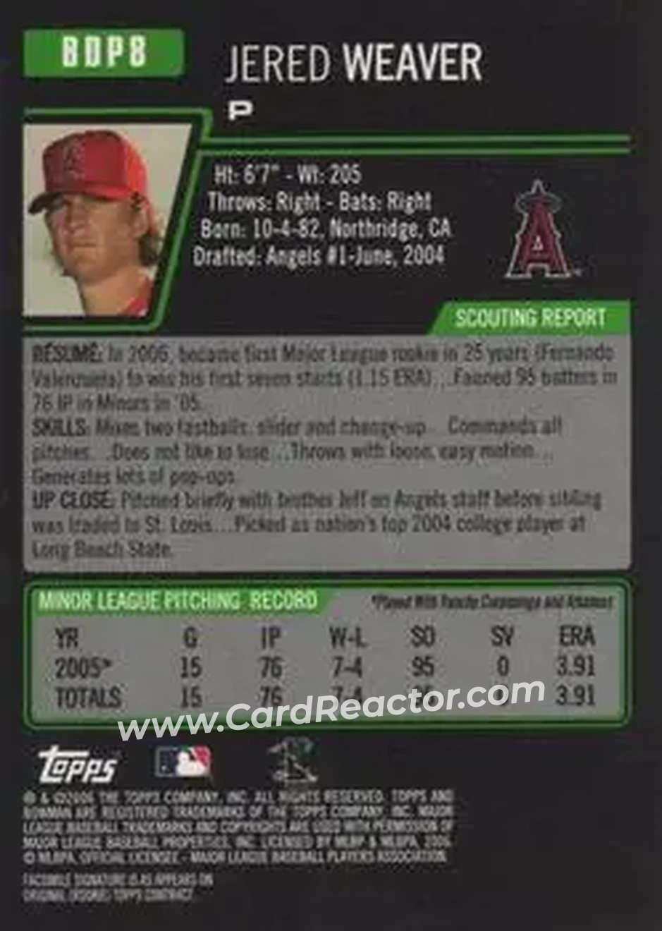 2006 Bowman Draft Picks & Prospects #BDP8 - Jered Weaver - Los Angeles Angels - Back