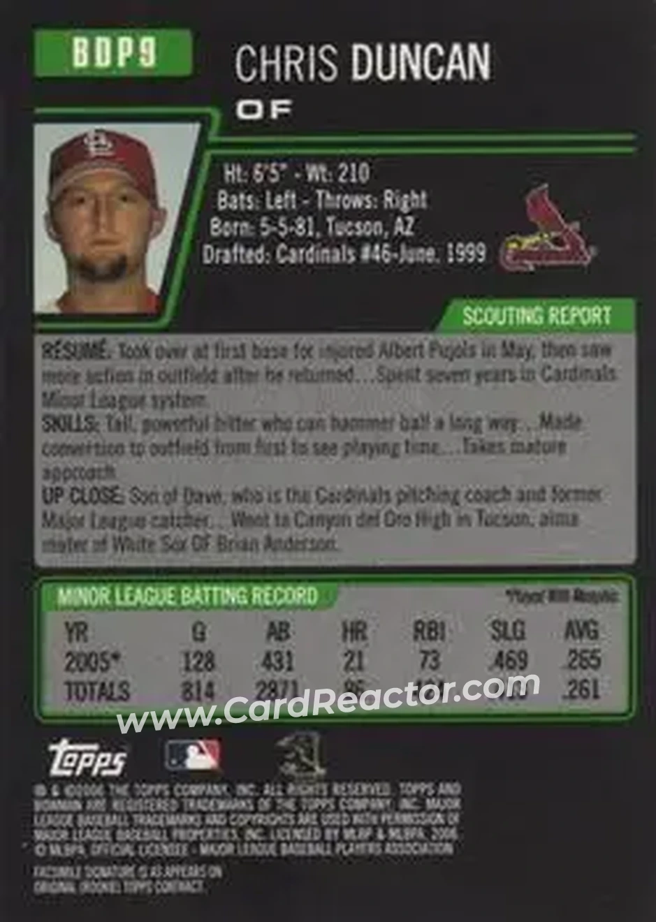 2006 Bowman Draft Picks & Prospects #BDP9 - Chris Duncan - St. Louis Cardinals - Back