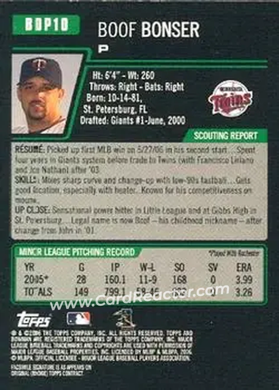 2006 Bowman Draft Picks & Prospects #BDP10 - Boof Bonser - Minnesota Twins - Back
