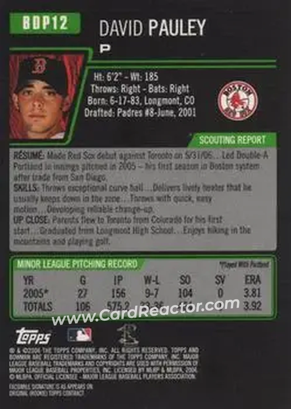 2006 Bowman Draft Picks & Prospects #BDP12 - David Pauley - Boston Red Sox - Back