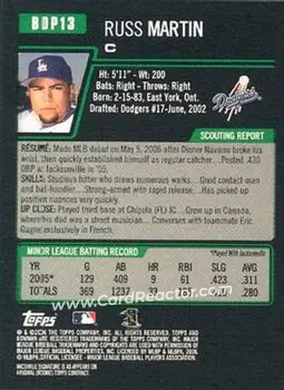 2006 Bowman Draft Picks & Prospects #BDP13 - Russell Martin - Los Angeles Dodgers - Back