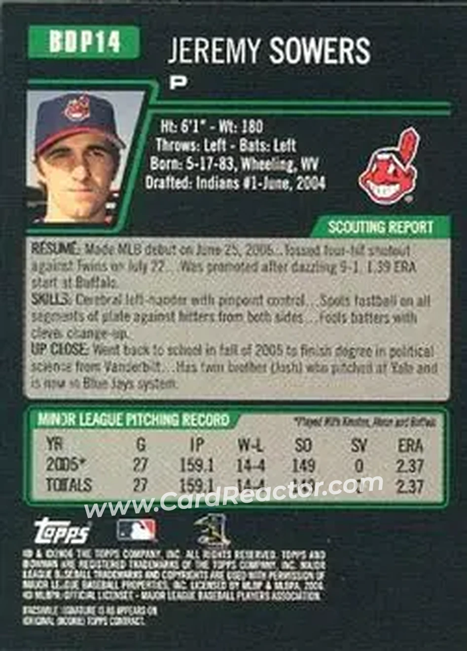 2006 Bowman Draft Picks & Prospects #BDP14 - Jeremy Sowers - Cleveland Indians - Back