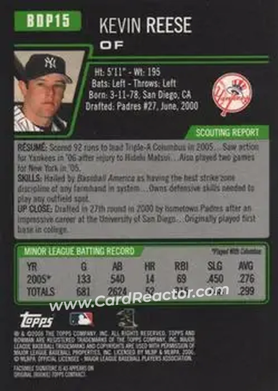 2006 Bowman Draft Picks & Prospects #BDP15 - Kevin Reese - New York Yankees - Back