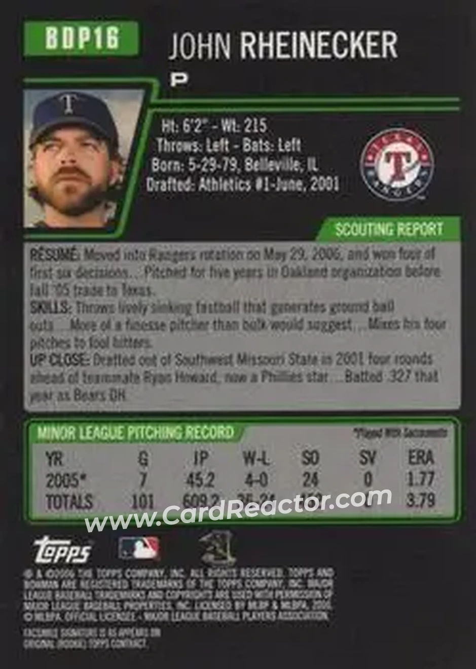2006 Bowman Draft Picks & Prospects #BDP16 - John Rheinecker - Texas Rangers - Back 2006 Bowman Draft Picks & Prospects #BDP16 - John Rheinecker - Texas Rangers - Back