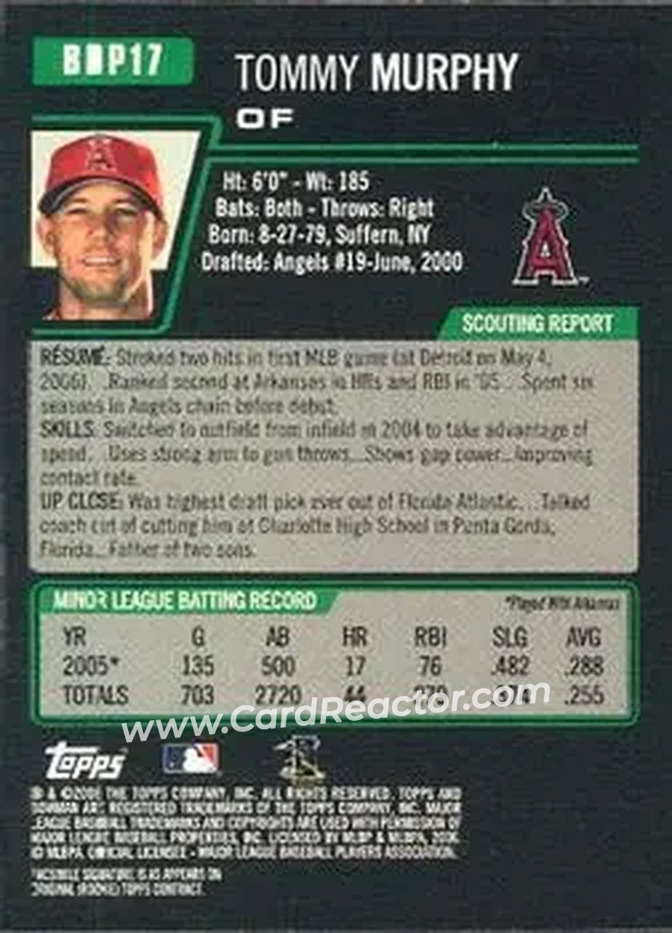 2006 Bowman Draft Picks & Prospects #BDP17 - Tommy Murphy - Los Angeles Angels - Back