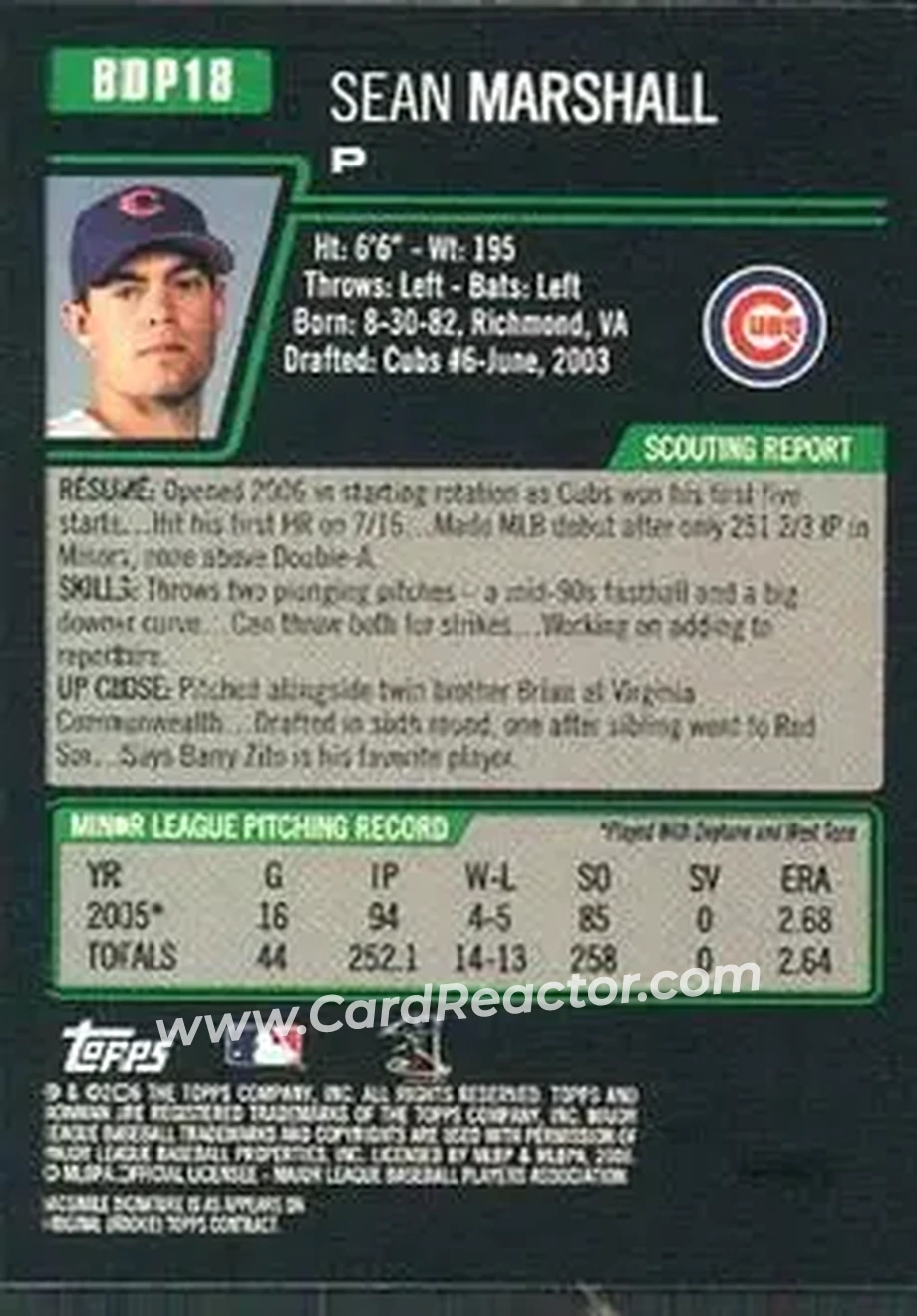 2006 Bowman Draft Picks & Prospects #BDP18 - Sean Marshall - Chicago Cubs - Back