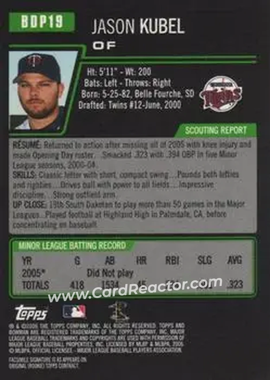 2006 Bowman Draft Picks & Prospects #BDP19 - Jason Kubel - Minnesota Twins - Back 2006 Bowman Draft Picks & Prospects #BDP19 - Jason Kubel - Minnesota Twins - Back