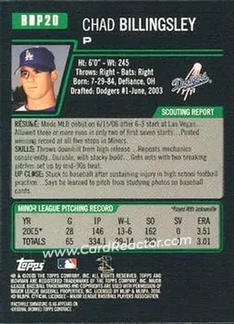 2006 Bowman Draft Picks & Prospects #BDP20 - Chad Billingsley - Los Angeles Dodgers - Back 2006 Bowman Draft Picks & Prospects #BDP20 - Chad Billingsley - Los Angeles Dodgers - Back