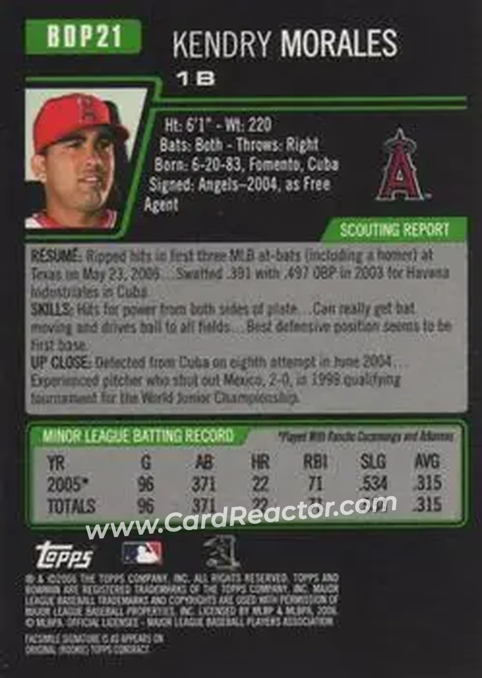 2006 Bowman Draft Picks & Prospects #BDP21 - Kendrys Morales - Los Angeles Angels - Back 2006 Bowman Draft Picks & Prospects #BDP21 - Kendrys Morales - Los Angeles Angels - Back
