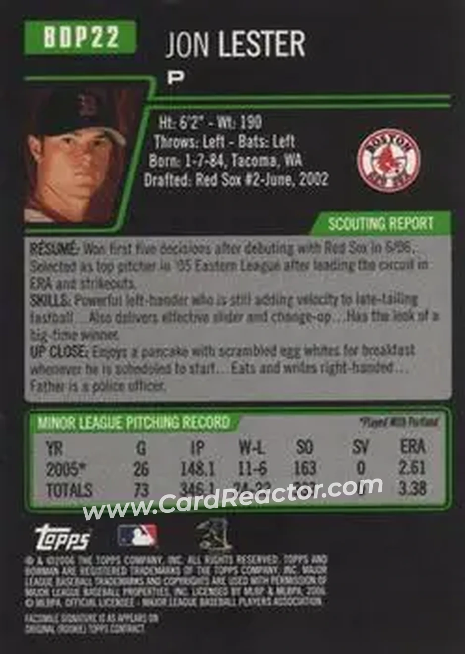 2006 Bowman Draft Picks & Prospects #BDP22 - Jon Lester - Boston Red Sox - Back