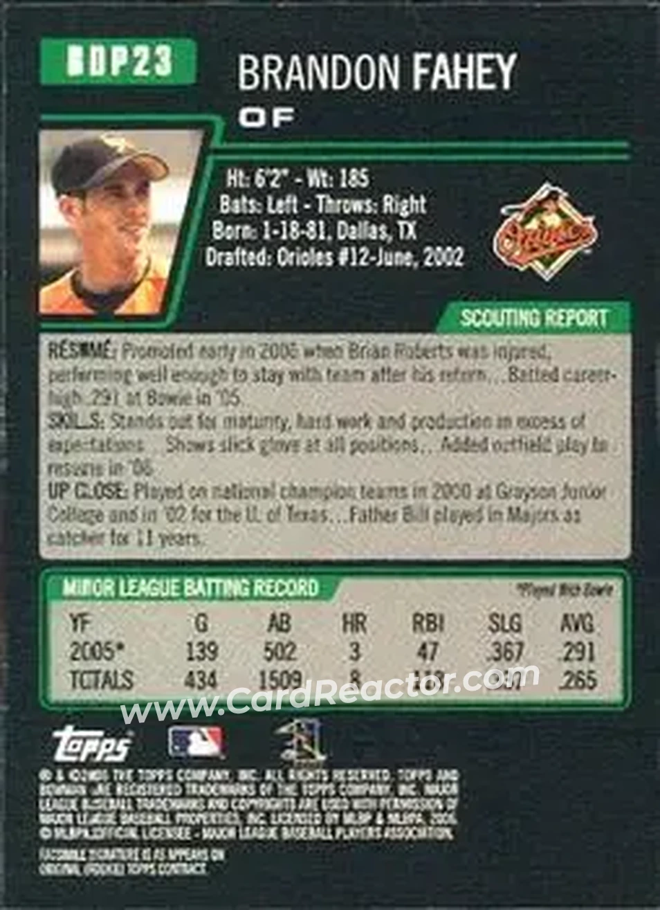 2006 Bowman Draft Picks & Prospects #BDP23 - Brandon Fahey - Baltimore Orioles - Back
