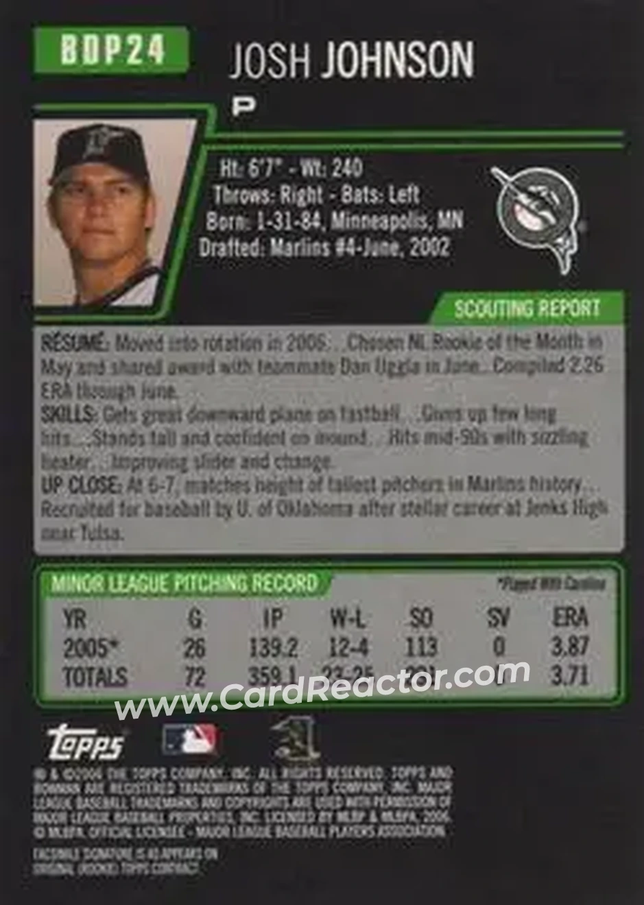 2006 Bowman Draft Picks & Prospects #BDP24 - Josh Johnson - Florida Marlins - Back