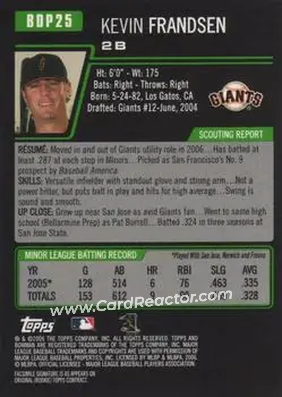 2006 Bowman Draft Picks & Prospects #BDP25 - Kevin Frandsen - San Francisco Giants - Back