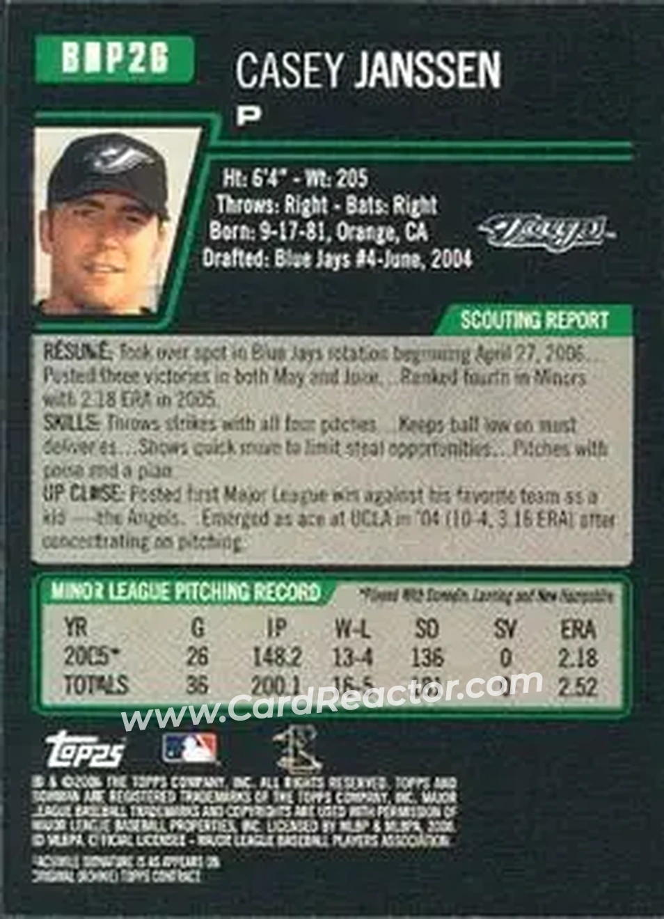 2006 Bowman Draft Picks & Prospects #BDP26 - Casey Janssen - Toronto Blue Jays - Back