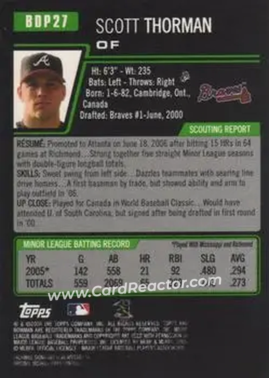 2006 Bowman Draft Picks & Prospects #BDP27 - Scott Thorman - Atlanta Braves - Back