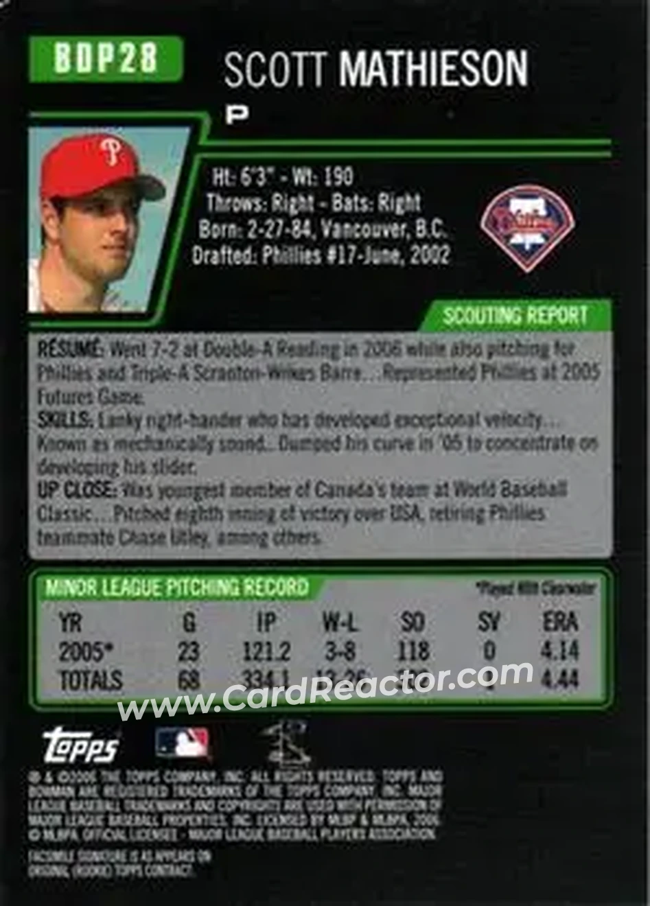 2006 Bowman Draft Picks & Prospects #BDP28 - Scott Mathieson - Philadelphia Phillies - Back 2006 Bowman Draft Picks & Prospects #BDP28 - Scott Mathieson - Philadelphia Phillies - Back