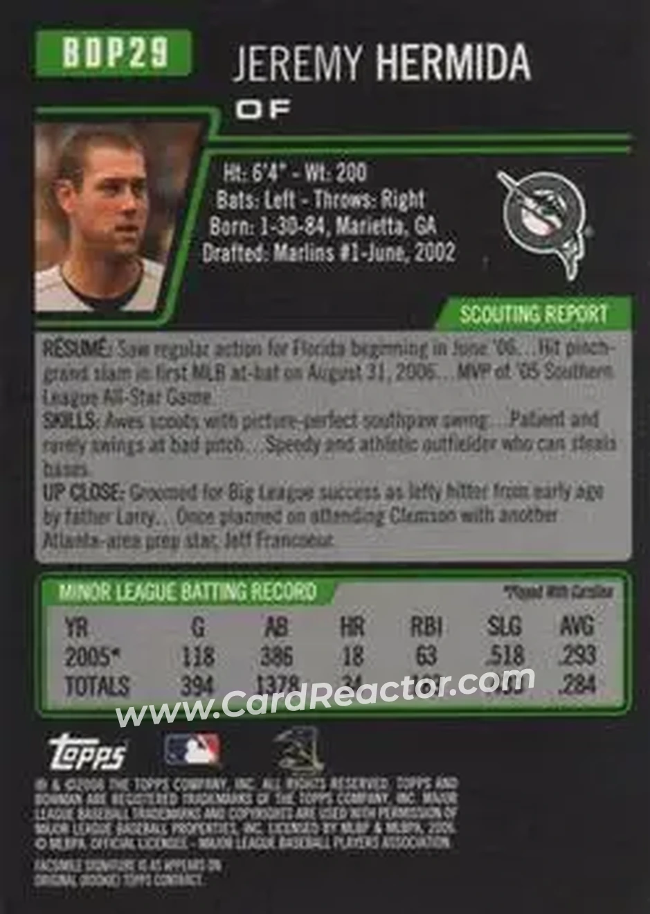 2006 Bowman Draft Picks & Prospects #BDP29 - Jeremy Hermida - Florida Marlins - Back