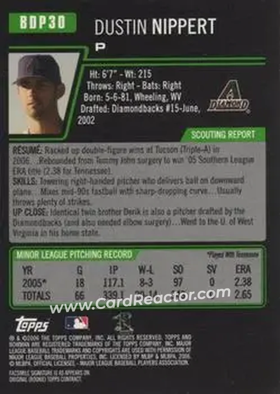 2006 Bowman Draft Picks & Prospects #BDP30 - Dustin Nippert - Arizona Diamondbacks - Back