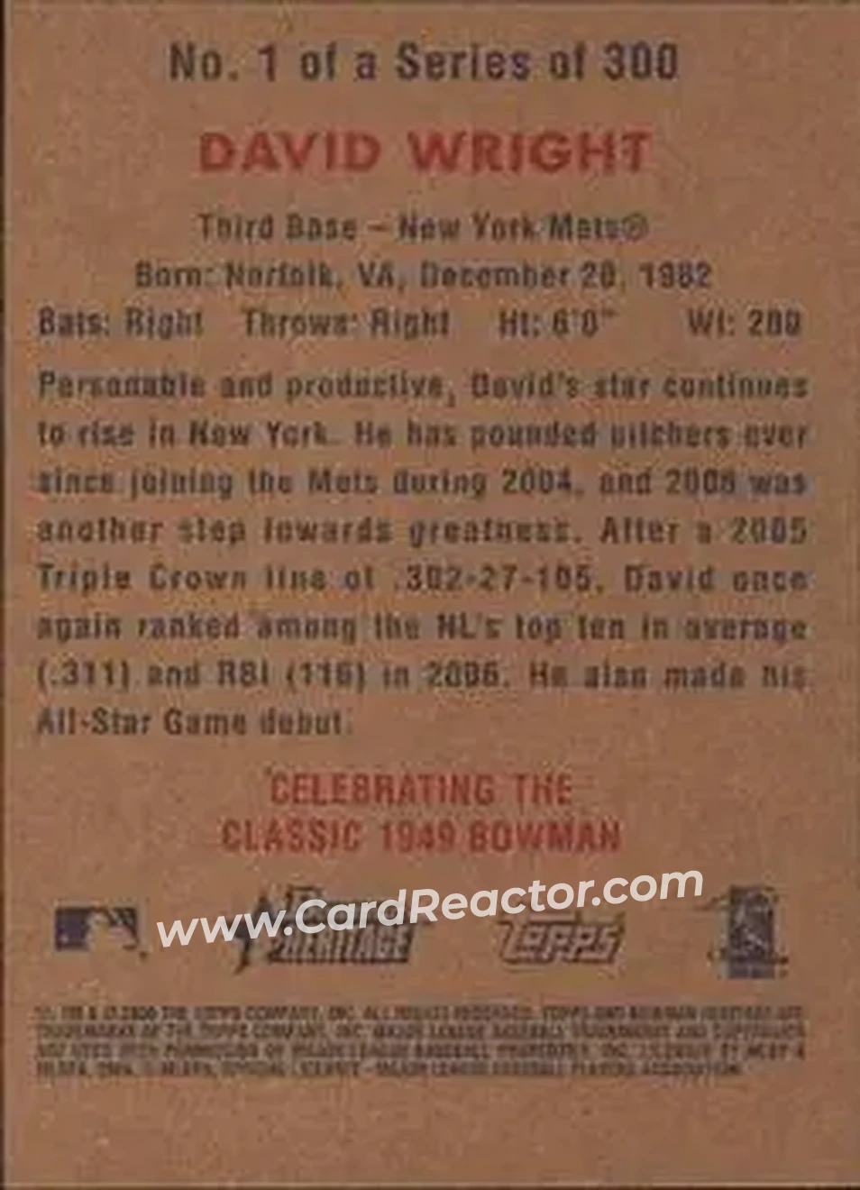 2006 Bowman Heritage #1 - David Wright - New York Mets - Back