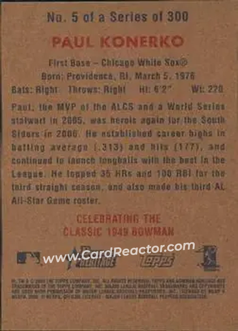 2006 Bowman Heritage #5 - Paul Konerko - Chicago White Sox - Back
