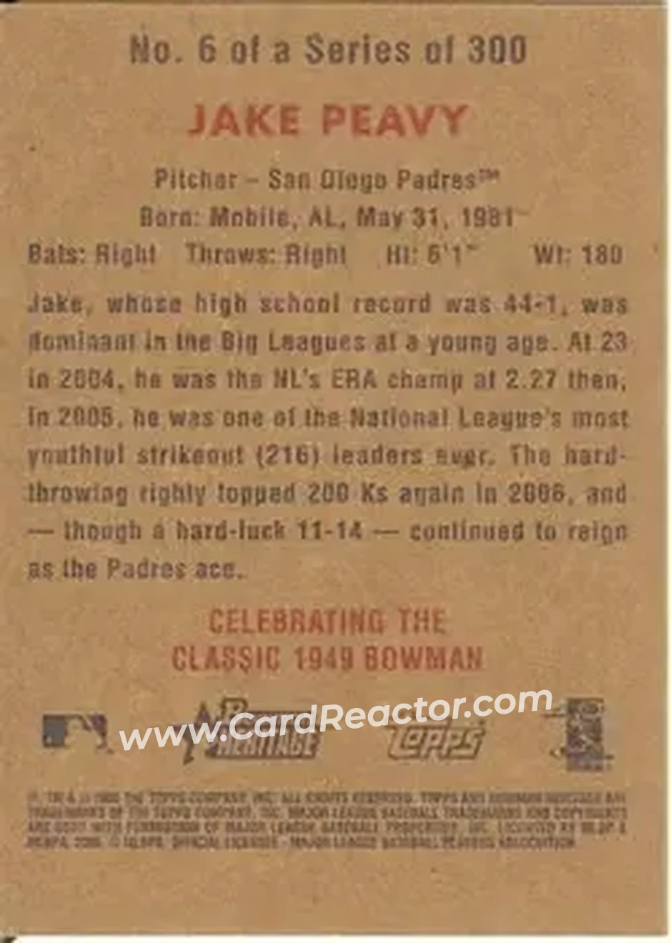 2006 Bowman Heritage #6 - Jake Peavy - San Diego Padres - Back