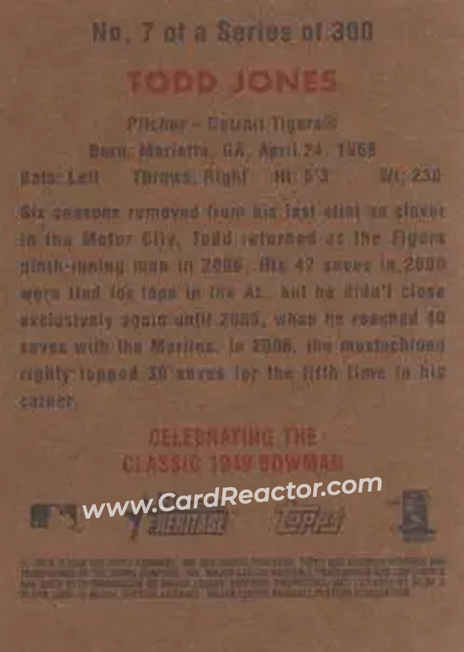 2006 Bowman Heritage #7 - Todd Jones - Detroit Tigers - Back