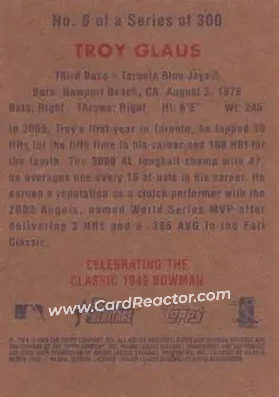 2006 Bowman Heritage #8 - Troy Glaus - Toronto Blue Jays - Back