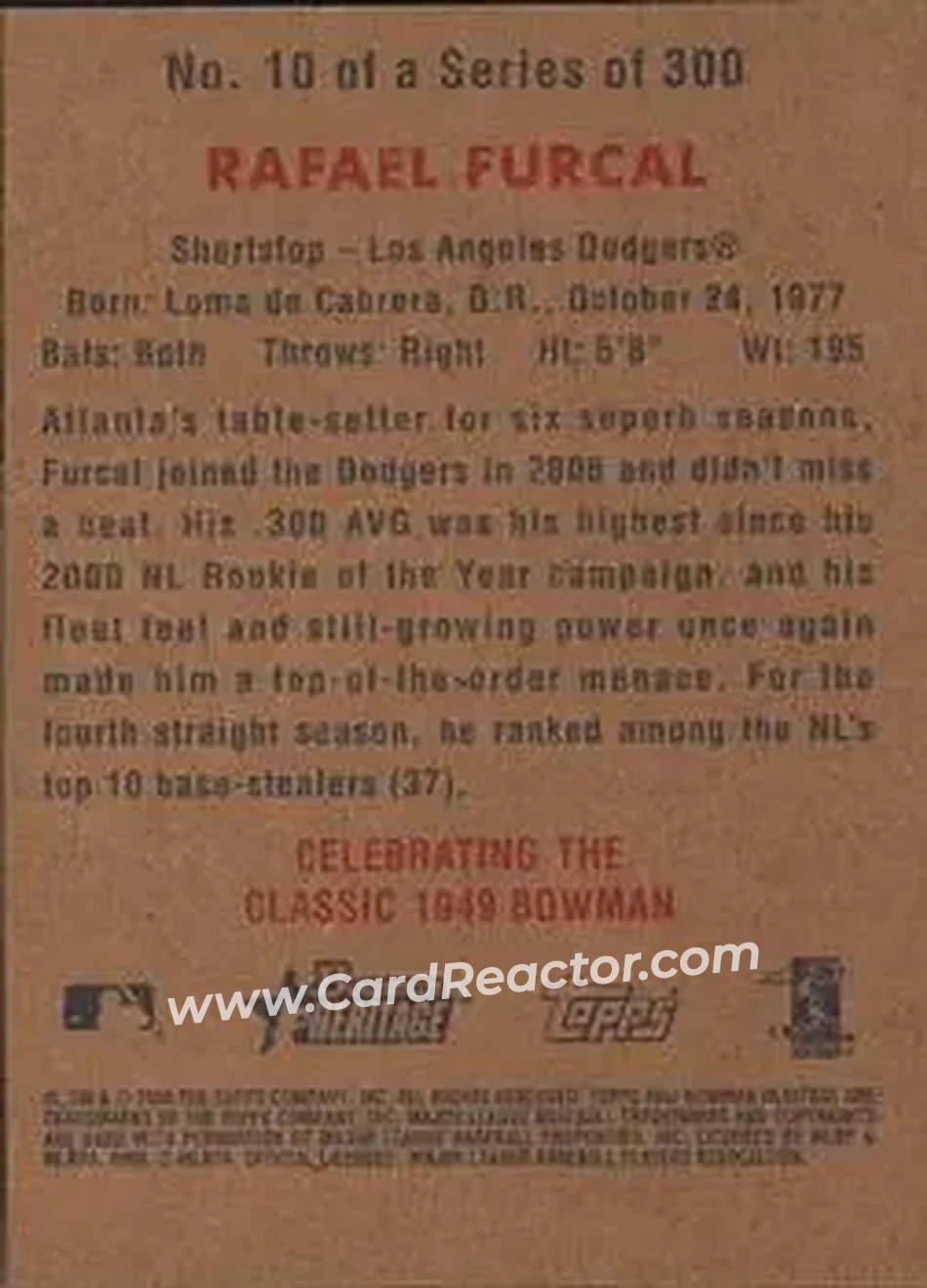2006 Bowman Heritage #10 - Rafael Furcal - Los Angeles Dodgers - Back