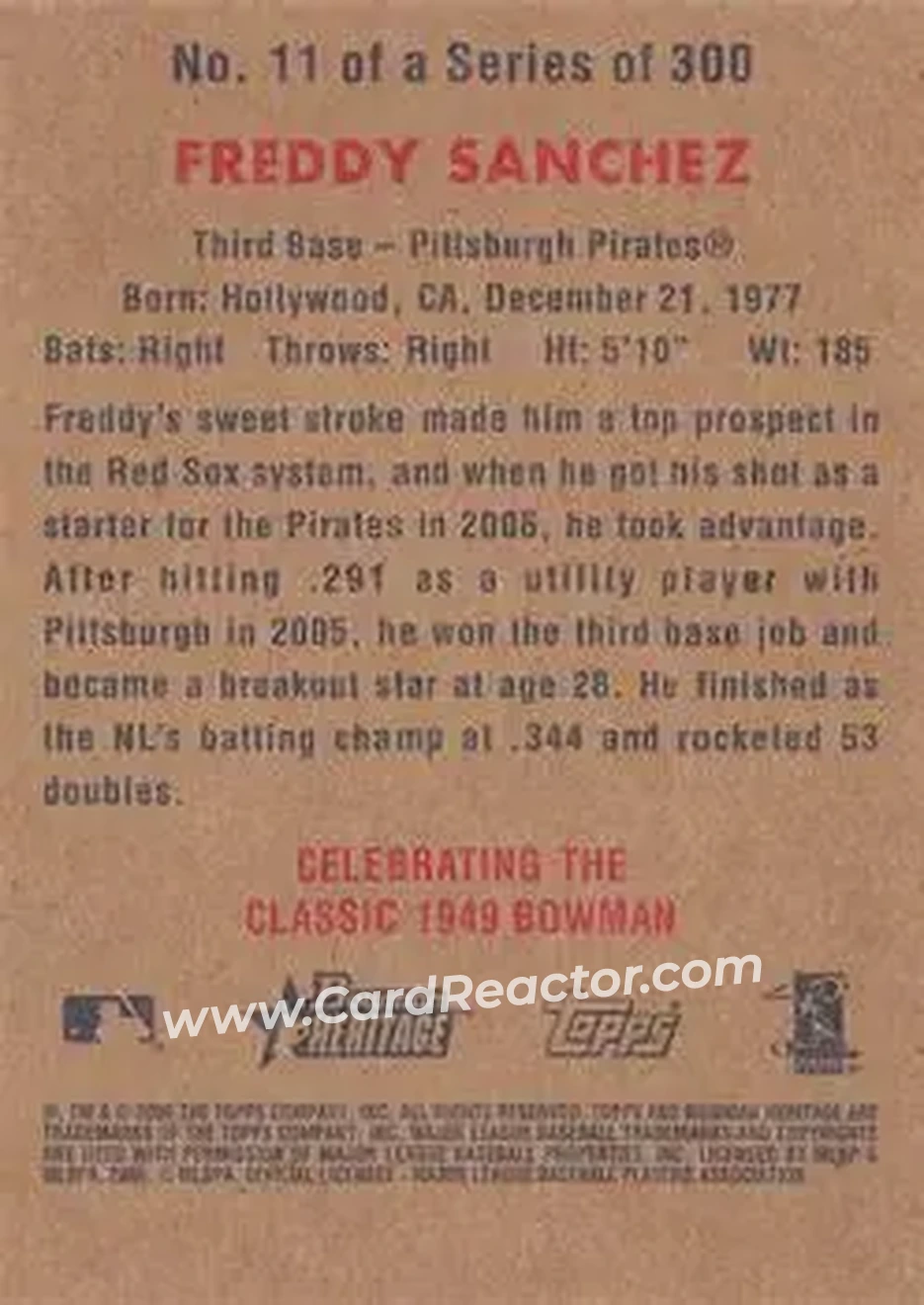 2006 Bowman Heritage #11 - Freddy Sanchez - Pittsburgh Pirates - Back