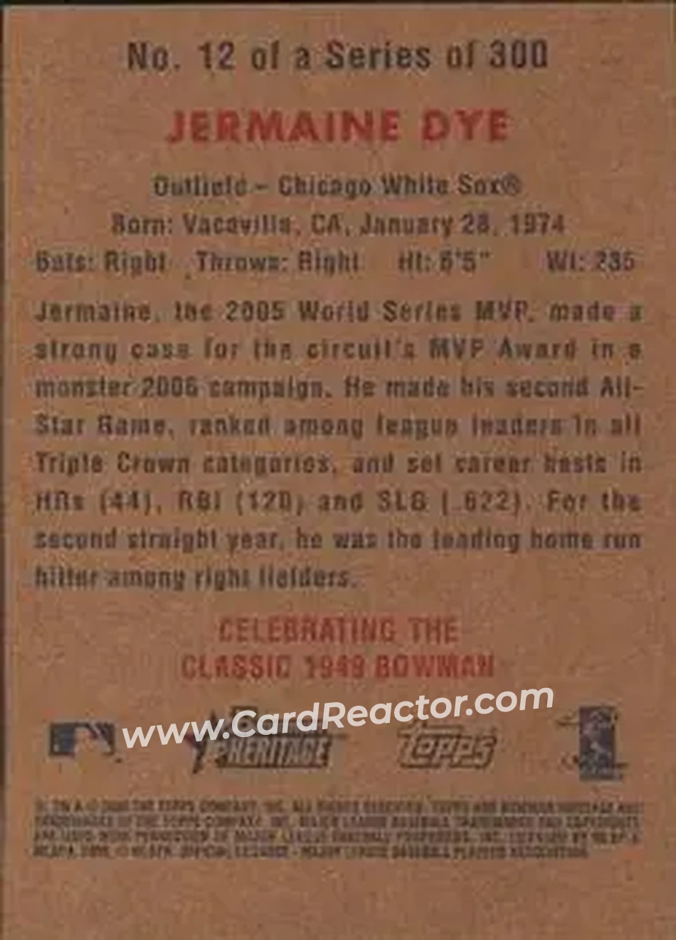 2006 Bowman Heritage #12 - Jermaine Dye - Chicago White Sox - Back