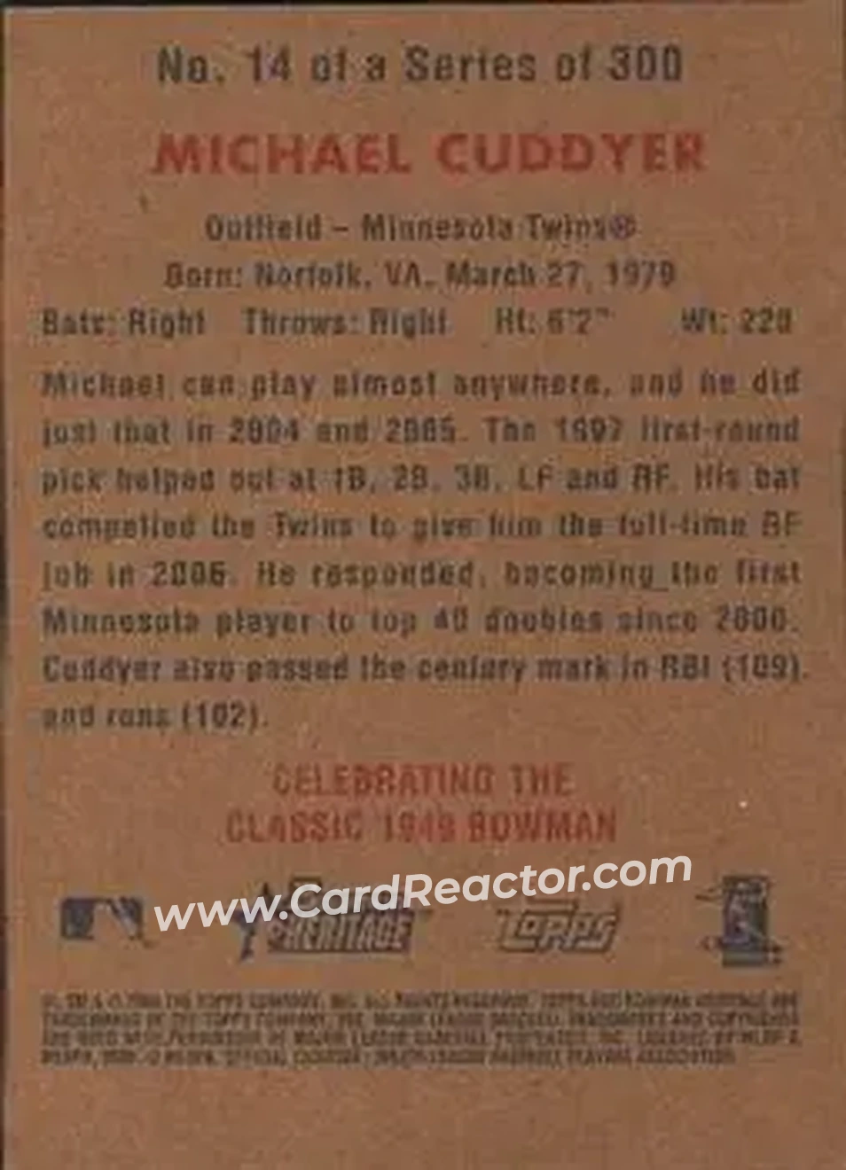 2006 Bowman Heritage #14 - Michael Cuddyer - Minnesota Twins - Back