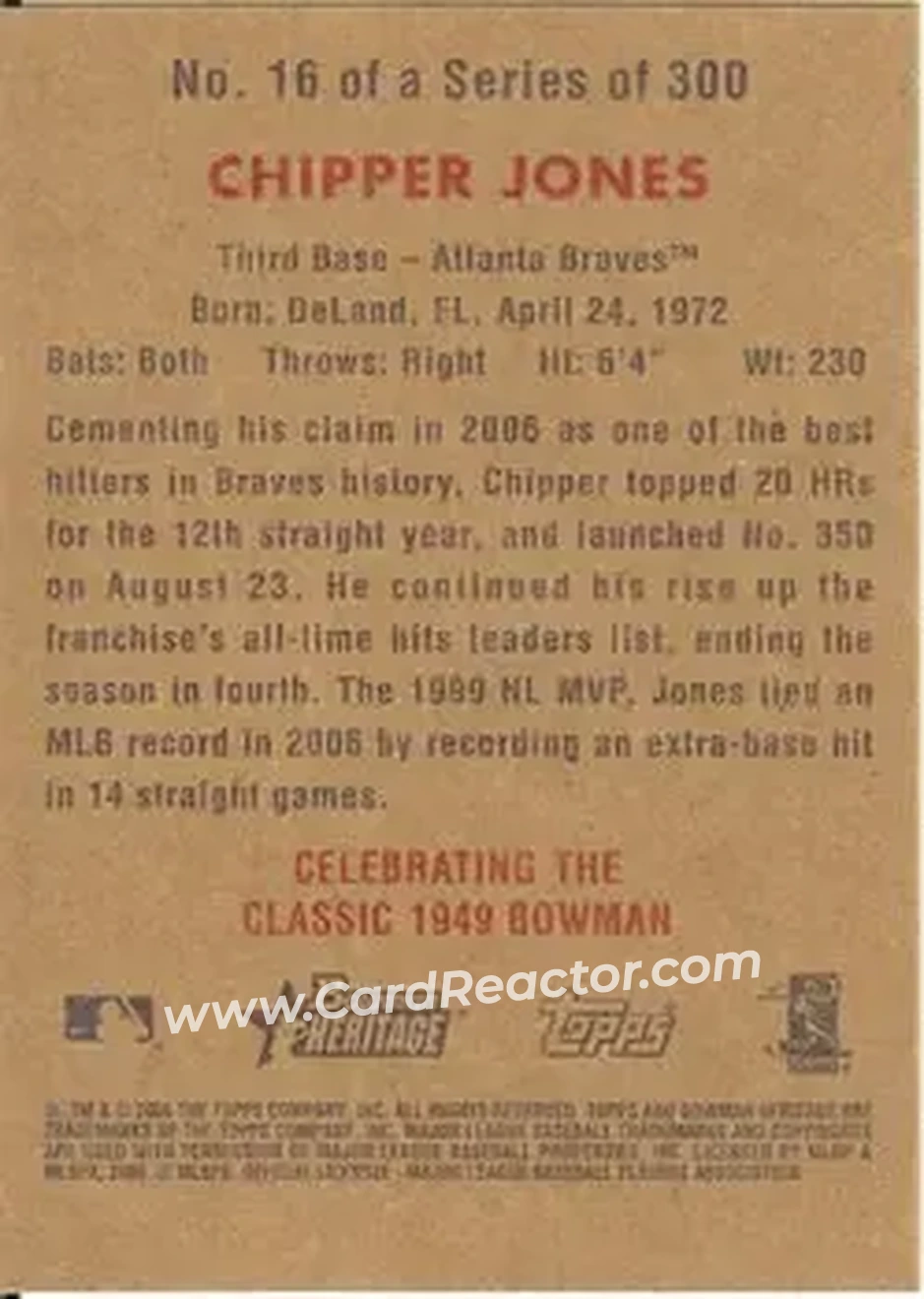 2006 Bowman Heritage #16 - Chipper Jones - Atlanta Braves - Back