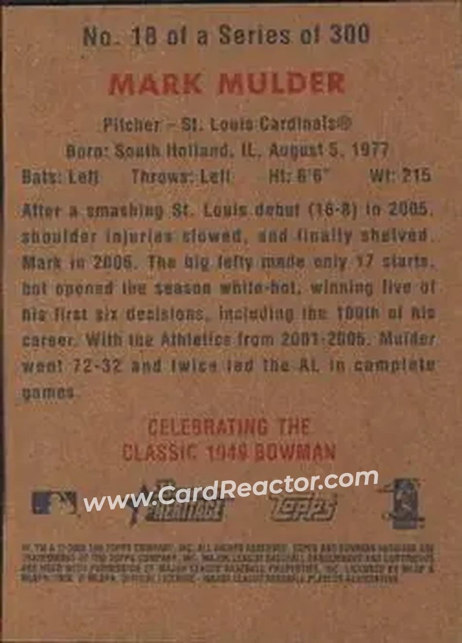 2006 Bowman Heritage #18 - Mark Mulder - St. Louis Cardinals - Back